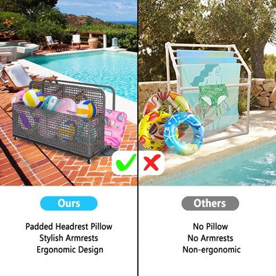  Outdoor Wicker Patio Pool Float Storage Basket PE Rattan With Rolling Wheels For Floaties, Life Vests, Beach Balls, Toys, And Patio Furniture
