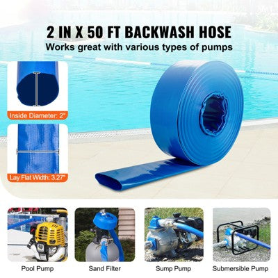  VEVOR Pool Drain Hose, 2 Inch By 50 Ft, Durable PVC Material, Includes Aluminum Camlock C & E Connectors And Clamps, Blue
