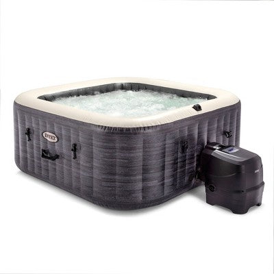  Intex PureSpa Plus Greystone Inflatable Square Outdoor Hot Tub Spa, 83" X 28" With PureSpa Maintenance Accessory Brush, Skimmer, And Scrubber Kit