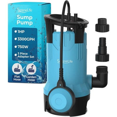  SereneLife Electric Submersible Water Pump - 750W, 3302 GPH, Auto Float Switch, Blue