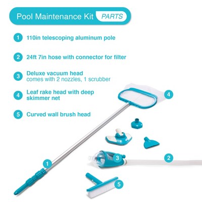  Intex Deluxe Automatic Surface Skimmer Bundled With Maintenance Kit W/ Vacuum & Pole, Swimming Pool Cleaning Tools For Above Ground And InGround Pools
