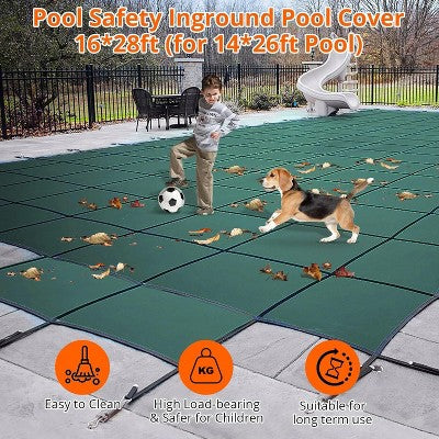  Pool Safety Inground Pool Cover – Fits 16x32ft Pools With Center Steps, Full Set With Safety Net, Installation Tools, 18x34ft
