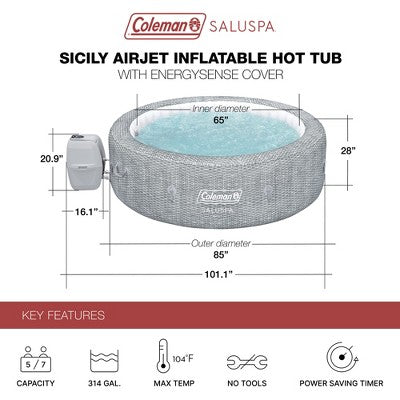 Bestway Coleman Sicily AirJet Inflatable Round Hot Tub With EnergySense Cover & 2 SaluSpa Underwater Non-Slip Pool Spa Seat With Adjustable Legs, Gray