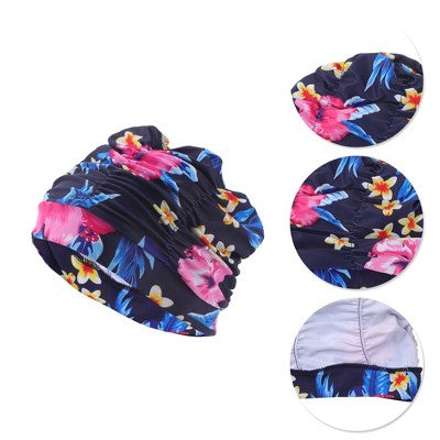  Unique Bargains Polyester Flower Pattern Swim Cap 5.91"x9.25" Navy Blue Pink 1 Pc