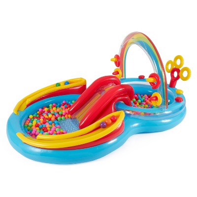 Intex 9.75 X 6.3 Foot Rainbow Ring Inflatable Play Center Pool With Water Slide And Small Plastic Multi-Colored Fun Ballz For Ball Pit, 100 Pack