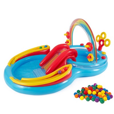  Intex 9.75 X 6.3 Foot Rainbow Ring Inflatable Play Center Pool With Water Slide And Small Plastic Multi-Colored Fun Ballz For Ball Pit, 100 Pack