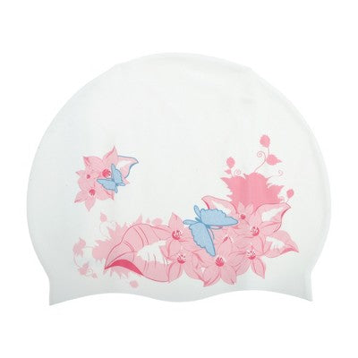  Unique Bargains Silicone Waterproof Flowers Print Swim Cap Pink White 1 Pc