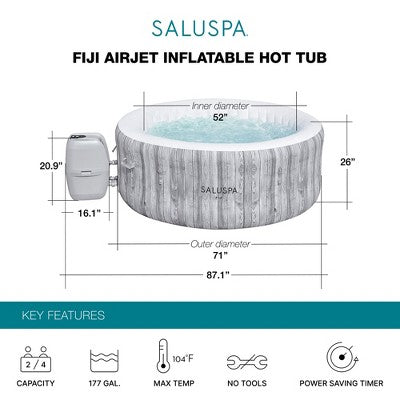  Bestway SaluSpa Fiji AirJet Inflatable Hot Tub With 120 Soothing Jets And Set Of 2 Underwater Non-Slip Pool And Spa Seat With Adjustable Legs, Gray