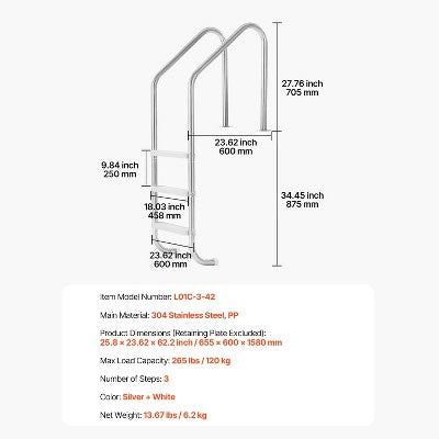  VEVOR Swimming Pool Ladder, 3-Step Double Handrails Stairs With Non-slip Heavy Duty Steps, Stainless Steel Load Capacity 265 Lbs, Silver