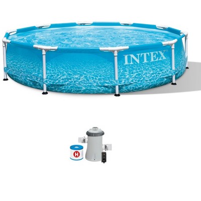  Intex 10 Foot X 30 Inch Round Metal Frame Outdoor Backyard Above Ground Beachside Swimming Pool With Reinforced Sidewalls, Blue