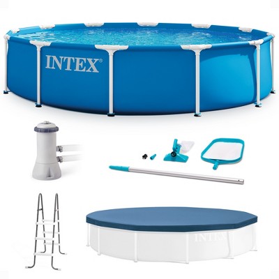  Intex 12 Foot By 30 Inch Framed Above Ground Swimming Pool With 42 Inch Tall Ladder, Maintenance Kit Vacuum Skimmer, And Secure Vinyl Pool Cover
