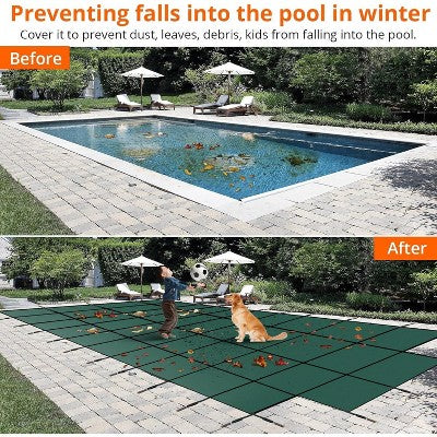  Pool Safety Inground Pool Cover – Fits 16x32ft Pools With Center Steps, Full Set With Safety Net, Installation Tools, 18x34ft