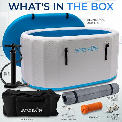  SereneLife Inflatable Cold Plunge Tub - 150 Gallon, Insulated Ice Bath Therapy Pod With Lid, Hand Pump, Storage Bag, And EVA Floor Mat (Blue)