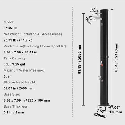  VEVOR Outdoor Solar Heated Shower, 9.25 Gallon Poolside Shower Kit With Shower Head And Foot Shower Tap, Double Buckle Fast Assembly W/ Pre-Drilled