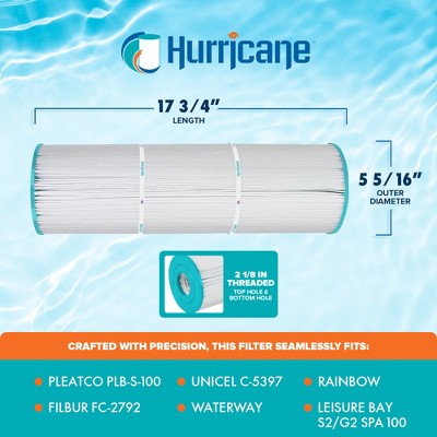 Hurricane Replacement Spa Filter Cartridge For PLB-S-100, Unicel C-5397, Filbur FC-2792, Rainbow, Waterway, And Leisure Bay S2/G2 Spa 100
