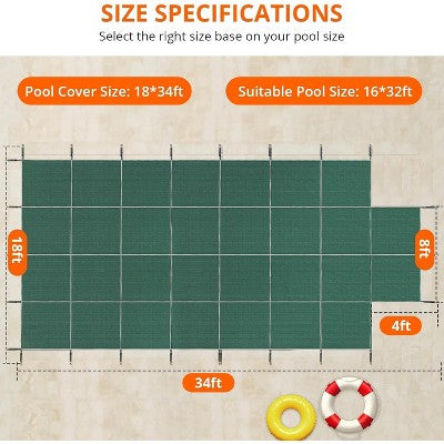  Pool Safety Inground Pool Cover – Fits 16x32ft Pools With Center Steps, Full Set With Safety Net, Installation Tools, 18x34ft