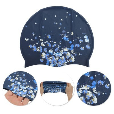  Unique Bargains Silicone Waterproof Floral Print Swim Cap Navy Blue White 1 Pc