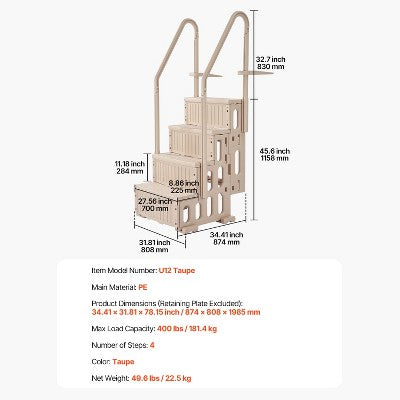  VEVOR Swimming Pool Ladder, 4-Step Double Handrails Stairs With Non-slip Heavy Duty Steps, Max Load Capacity 400 Lbs, For 48-54 In Inground, Taupe