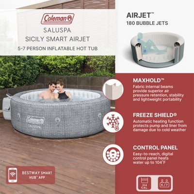  Coleman SaluSpa Sicily AirJet 7 Person Inflatable Hot Tub Round Portable Outdoor Spa With 180 Soothing AirJets And Insulated Cover, Gray