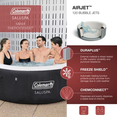  Bestway Coleman Miami AirJet Inflatable Hot Tub With EnergySense Cover, 2-Pack Of SaluSpa Spa Seat And 2 Sets Of SaluSpa Padded Headrest Pillows