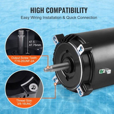  VEVOR 1 HP Pool Pump Motor, 56J Frame, 115V(9.8 Amps)/230V(4.9 Amps) 3450 RPM, 60Hz, 1.4 Service Factor, 90μF/250V Capacitor