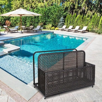  Waterproof Wicker Pool Float Storage Basket With Rolling Wheels, Large Outdoor Organizer, Patio Deck Box For Backyard And Poolside Use