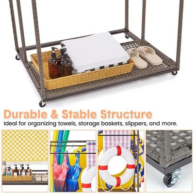  Garvee Poolside Towel Rack Outdoor,Rattan Weaving Towel Rack Freestanding,Storage Organizer With Compartment For Floats, 5 Bar Towel Storage