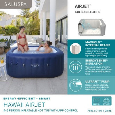 Bestway SaluSpa Hawaii Smart AirJet Inflatable Hot Tub Square Portable 4 To 6 Person Spa With 140 AirJets, App Control And EnergySense Cover, Blue