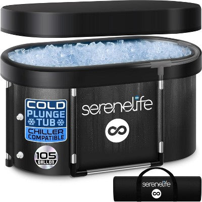  SereneLife 105 Gal. Inflatable Insulated Freestanding Cold Plunge Tub - Ice Bath With Cover, Cold Plunge Therapy Recovery Pod For Athletes (Black)