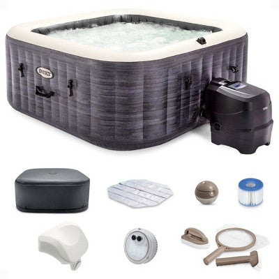  Intex PureSpa Plus Greystone Inflatable Square Outdoor Hot Tub Spa, 83" X 28" With PureSpa Maintenance Accessory Brush, Skimmer, And Scrubber Kit