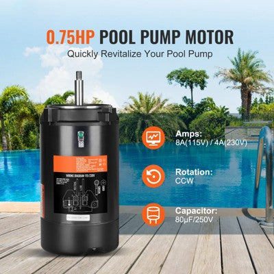  VEVOR 0.75 HP Pool Pump Motor, 56J Frame, 115V(8 Amps)/230V(4 Amps) 3450 RPM, 60Hz, 1.5 Service Factor, 80μF/250V Capacitor,