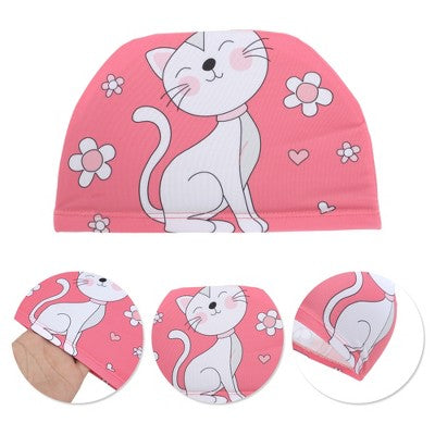  Unique Bargains Kid's Polyester Cat Pattern Swim Cap Rose Red White 1 Pc