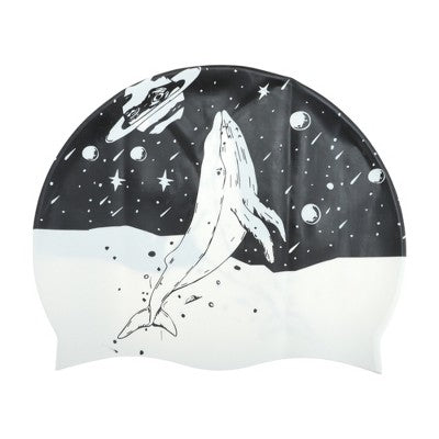  Unique Bargains Silicone Waterproof Kunpeng Print Swim Cap Black White 1 Pc