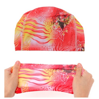  Unique Bargains Polyester Flower Pattern Swim Cap 5.91"x9.25" Pink Yellow 1 Pc