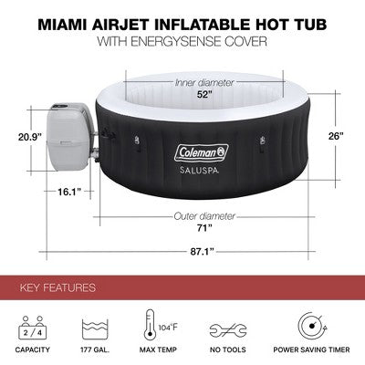  Bestway Coleman Miami AirJet Inflatable Hot Tub With EnergySense Cover, 2-Pack Of SaluSpa Spa Seat And 2 Sets Of SaluSpa Padded Headrest Pillows