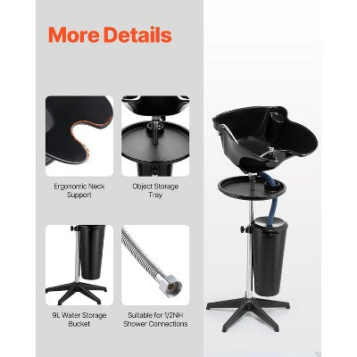  VEVOR Portable Shampoo Bowl, Deep Shampoo Sink For Washing Hair With Adjustable Height And Angle, Includes Drain Hose, Shower Head And Bucket, Black