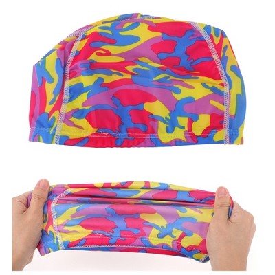  Unique Bargains Polyester Camouflage Pattern Swim Cap 5.91"x9.25" Red Blue Yellow 1 Pc