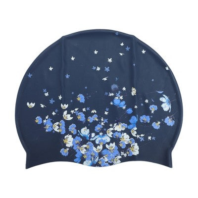  Unique Bargains Silicone Waterproof Floral Print Swim Cap Navy Blue White 1 Pc