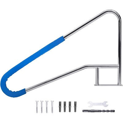  Pool Handrail, Durable 304 Stainless Steel With Non-Slip Blue Grip, Wide Stable Base, Easy Installation For Safe Pool Access