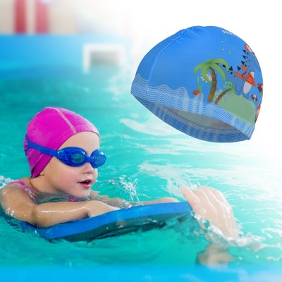  Unique Bargains Kid's Polyester Cartoon Dinosaur Swim Cap Blue Green 1 Pc