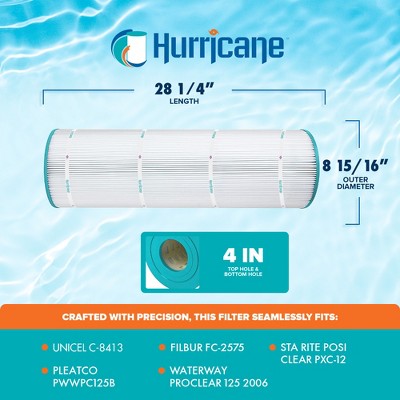  Hurricane Filters Replacement Spa Filter Cartridge For Unicel C-8413, PWWPC125B, Filbur FC-2575, Waterway Proclear 125 2006, White
