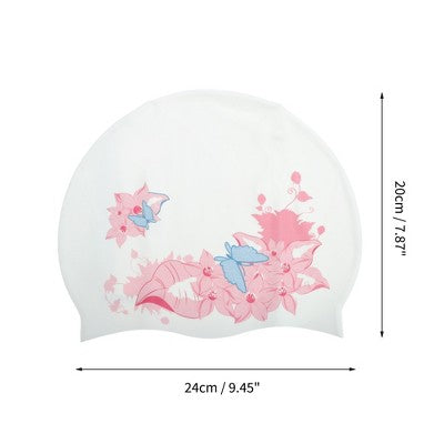  Unique Bargains Silicone Waterproof Flowers Print Swim Cap Pink White 1 Pc
