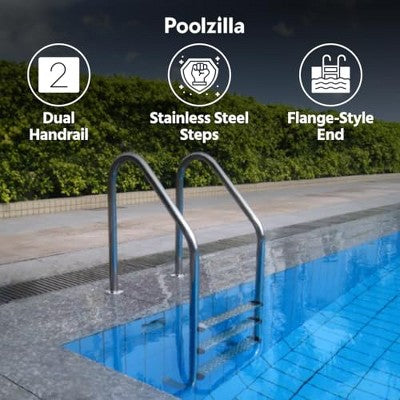  Poolzilla Three Tread Salt Ladder - Deck Mounted Stainless Steel Entry And Exit System, With Pre-Drilled Flange-Style End And Stainless Steel Steps