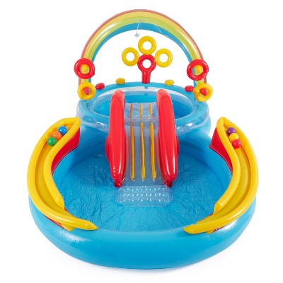  Intex 9.75 X 6.3 Foot Rainbow Ring Inflatable Play Center Pool With Water Slide And Small Plastic Multi-Colored Fun Ballz For Ball Pit, 100 Pack