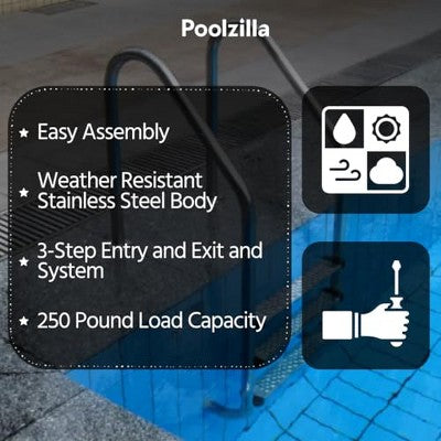  Poolzilla Three Tread Salt Ladder - Deck Mounted Stainless Steel Entry And Exit System, With Pre-Drilled Flange-Style End And Stainless Steel Steps