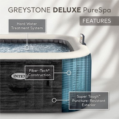  Intex PureSpa Plus Greystone Inflatable Square Outdoor Hot Tub Spa, 83" X 28" With PureSpa Maintenance Accessory Brush, Skimmer, And Scrubber Kit