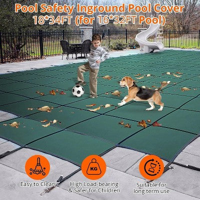  18x34ft Inground Pool Safety Cover With Center Steps, Ultra-Dense Material, Installation Tools Included, Reliable Protection For Your Pool