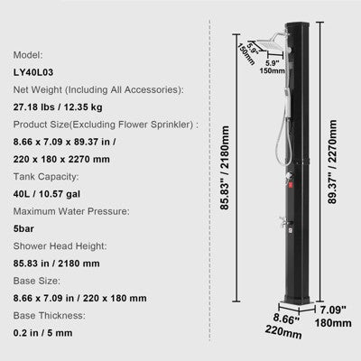  VEVOR Outdoor Solar Heated Shower, 10.57 Gallon Poolside Shower Kit With 2 Shower Head And Foot Shower Tap, Handheld/Hanging Two Modes Fast Assembly