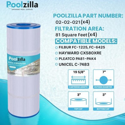  Poolzilla Replacement Pool Filter For CX580XRE, Hayward C580E, PA81-PAK4, Unicel C-7483, Hayward SwimClear C3020, C3025, C3030, Filbur FC-1225