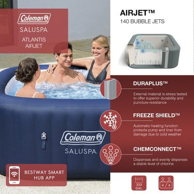  Coleman SaluSpa Atlantis AirJet Square Hot Tub With 140 Soothing Jets And 2-Pack Of Bestway SaluSpa Underwater Non-Slip Spa Seat With Adjustable Leg